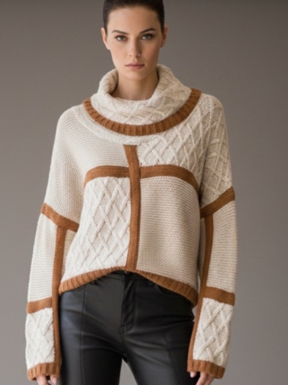 525 America Cashmere Wool Blend Cowl Neck Cable Knit Sweater Size S